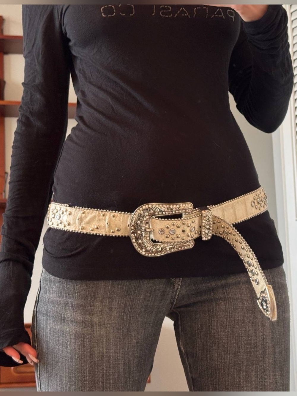Y2K Studded Western Belt in Cream
